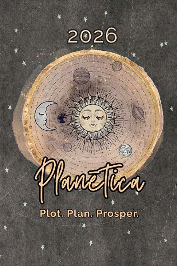 cover of 2026 Planetica planner consisting of a gold sun surrounded by planets and a silver crescent moon