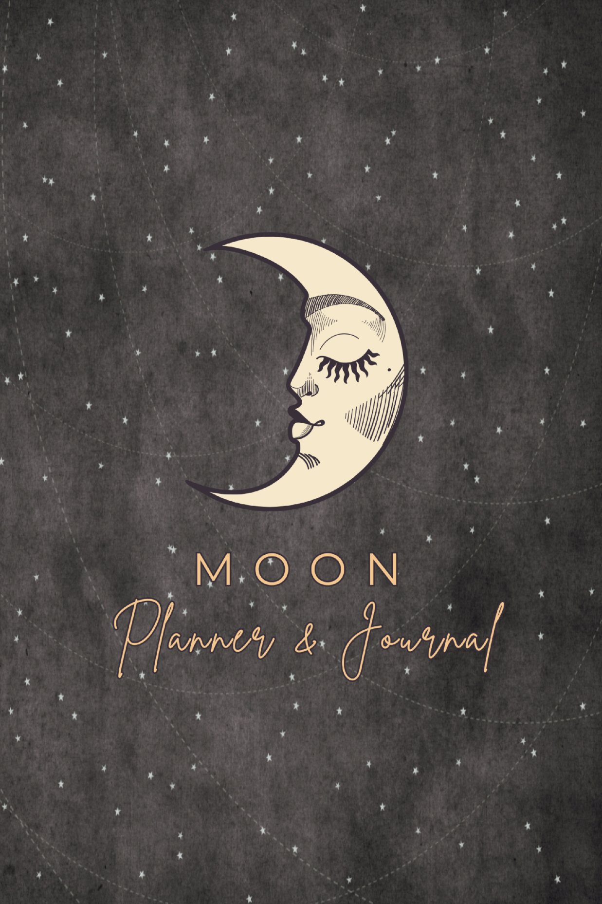 Cover of moon phase planner and journal showing a white crescent against a grey backdrop filled with white stars 